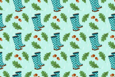  Sonbahar temalı pürüzsüz desenli, benekli lastik botlar, yeşil meşe yaprakları ve mavi yağmurlu gökyüzü arka planında meşe palamudu fındıkları. Mevsimlik tasarımlar ya da tekstil için mükemmel