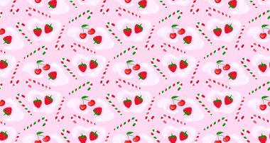 Pembe kremalı arka planda şeker kamışı, kiraz ve çilek ile canlı ve neşe dolu, dikişsiz desen, şenlikli ve tatlı tasarımlar için mükemmel.