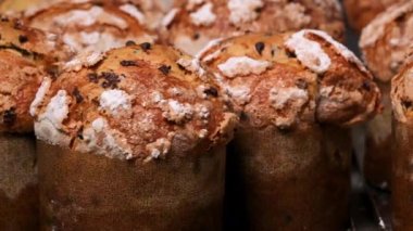 İtalyan Panettone ekmeği, Noel şenlikli tatlı. Kapatın. Yüksek kalite 4k görüntü