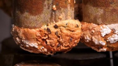 Panettone fırının hazırlıklarını bitirmek için asılıyor. İtalyan Noel tatlı kekleri. Yüksek kalite 4k görüntü