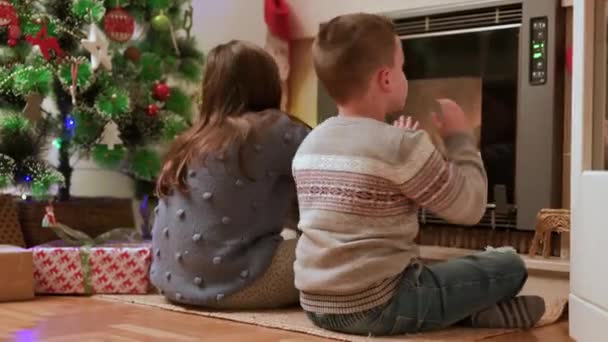 Sourozenci Vánočního Stromku Před Krbem Baví Láska Rodina Štěstí Nový — Stock video