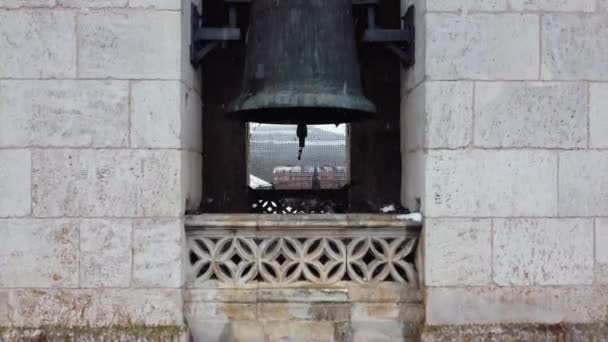 Close Bell Bell Tower Top Ancient Church Snow Day Spain — Stockvideo