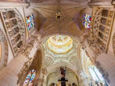 Burgos, Spain - January 14, 2023: architecture religion background. View of interior element of gothic Cathedral of Saint Mary of Burgos Spain. Close up of ceiling. High quality photography.