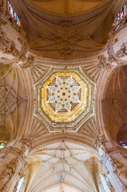 Burgos, Spain - January 14, 2023: architecture religion background. View of interior element of gothic Cathedral of Saint Mary of Burgos Spain. Close up of ceiling. High quality photography.
