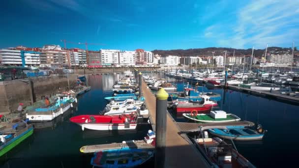 Moored Fishing Boats Harbor Dock Sanxenxo Famous Touristic Destination Galicia — стоковое видео