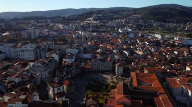 Aerial view of Pontevedra cityscape with a modern apartment buildings and sea bay, Galicia, Spain. High quality 4k footage