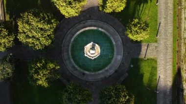 Aerial view directly above of Ferrari fountain, Pontevedra, Galicia, Spain. High quality 4k footage