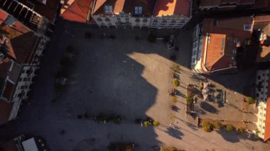 Aerial view directly above of herbaria square Pontevedra main square in the historic old town, Galicia, Spain. High quality 4k footage