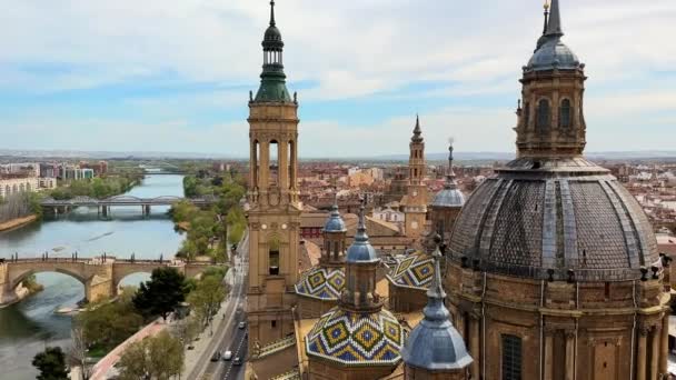 Aerial View Roofs Basilica Our Lady Pilar Zaragoza Spain High — Stock Video
