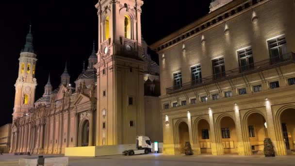 Basilica Del Pilar Kathedrale Bei Nacht Zaragoza Aragon Spanien Hochwertiges — Stockvideo