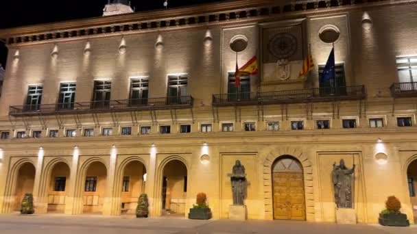 Citra Malam Dewan Kota Kota Zaragoza Spanyol Rekaman Berkualitas Tinggi — Stok Video