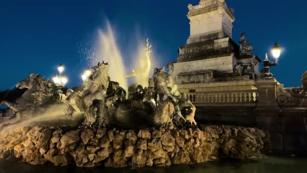 Girondinsův Pomník Fontána Noci Bordeaux Francie Vysoce Kvalitní Záběry — Stock video
