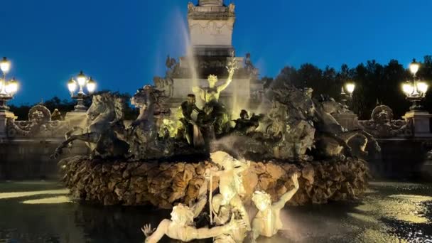 Girondinsův Pomník Fontána Noci Bordeaux Francie Vysoce Kvalitní Záběry — Stock video