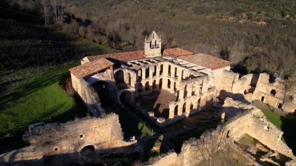 Aerial View Ruins Ancient Abandoned Monastery Santa Maria Rioseco Burgos — Stock Video