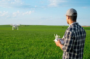 Modern Tarım Teknolojileri. Genç bir buğday tarlasının üzerinde dron uçuran çiftçi. Yüksek kalite fotoğraf