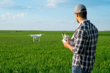 Modern Tarım Teknolojileri. Genç bir buğday tarlasının üzerinde dron uçuran çiftçi. Yüksek kalite fotoğraf
