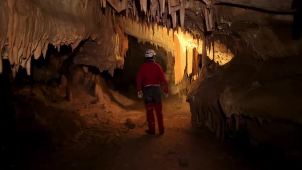 Σπηλαιολόγος Προβολέα Που Εξερευνά Σπήλαιο Πλούσιους Σταλακτίτες Και Σταλαγμίτες Υψηλής — Αρχείο Βίντεο