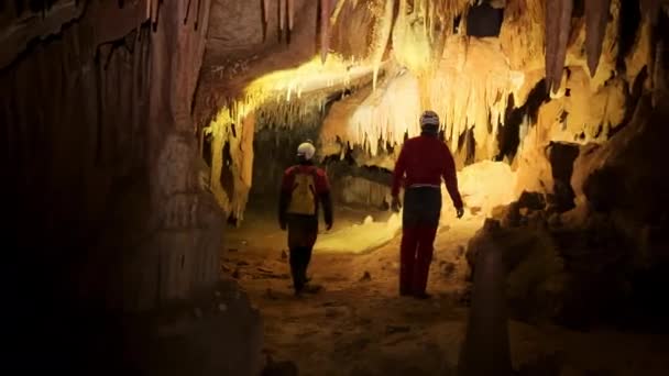 Группа Спелеологов Внутри Пещеры Освещенной Фарами Исследует Глубины Таинственной Подземной — стоковое видео