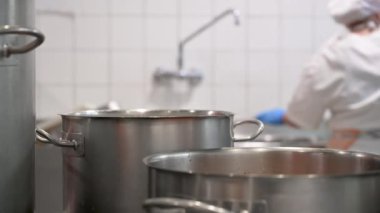Ticari bir mutfaktaki güveç manzarasını kapat. Ticari mutfakta yemek hazırlamak ve pişirmek. Arka planda tanınmayan şefler var. Yüksek kalite 4k görüntü