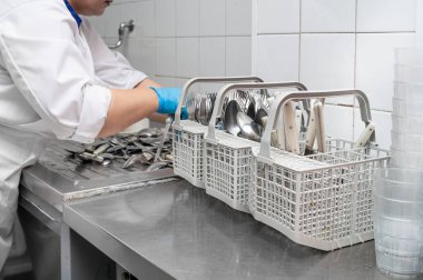 Tanınmayan bir kadın, ticari mutfakta bulaşık makinesinde bulaşık yıkamak için kirli çatal bıçak takımı hazırlıyor. Yüksek kaliteli fotoğrafçılık