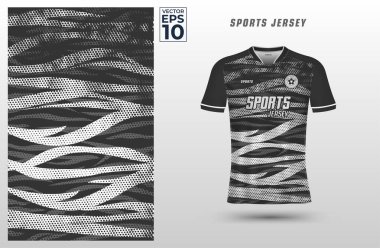 T-shirt spor forması tasarım şablonu yarım ton arkaplanda soyut zebra var. Spor üniforması ön tarafta. Spor kulübü için gömlek modeli. Vektör İllüstrasyonu