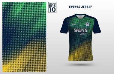 T-shirt sport design template for soccer jersey with green and yellow halftone pattern background. Sport uniform in front view. Tshirt mock up for sport club. Vector Illustration clipart