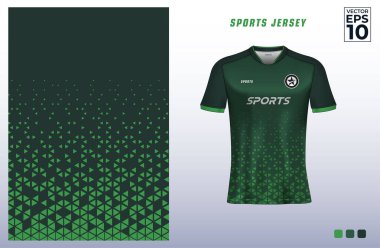Futbol forması için geometrik çokgen üçgen desenli yeşil tişört spor tasarım şablonu. Spor üniforması ön tarafta. Tişört spor kulübü için hazırlanıyor. Vektör İllüstrasyonu.