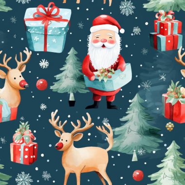 Noel Baba ve ren geyikleriyle kusursuz bir Noel deseni. Çubuklu Noel süsü, kutsal yapraklar, kurabiyeler, oyuncaklar, ho ho harfleri. Tatil arkaplanı, karikatür biçiminde ambalaj kağıdı