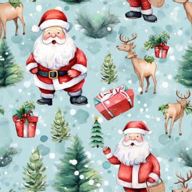 Noel Baba ve ren geyikleriyle kusursuz bir Noel deseni. Çubuklu Noel süsü, kutsal yapraklar, kurabiyeler, oyuncaklar, ho ho harfleri. Tatil arkaplanı, karikatür biçiminde ambalaj kağıdı