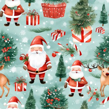 Noel Baba ve ren geyikleriyle kusursuz bir Noel deseni. Çubuklu Noel süsü, kutsal yapraklar, kurabiyeler, oyuncaklar, ho ho harfleri. Tatil arkaplanı, karikatür biçiminde ambalaj kağıdı