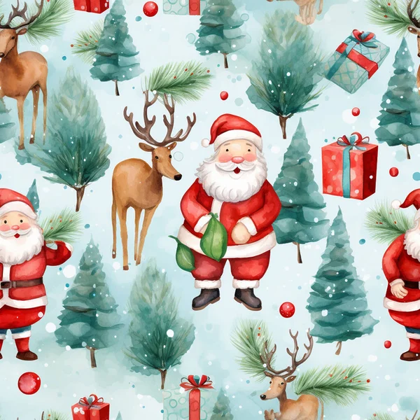 かわいいサンタクロースとトナカイのクリスマスシームレスなパターン キャンディーケン ホリーの葉 クッキー おもちゃ ホーホーフのレタリングが付いているクリスマスの装飾 バックグラウンド 漫画スタイルの包装紙 ストック画像