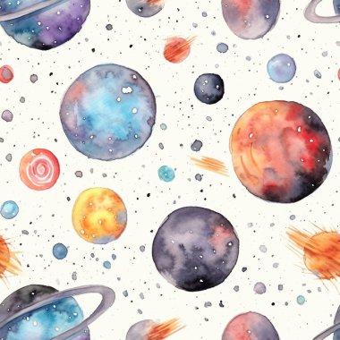 Gezegen uzayı gezegenler ve yıldızlarla kusursuz desen. Kozmik elementlerle tekrarlanan parlak doku. Çocukların kumaş ve ambalaj kağıtları için sevimli bir tasarım..