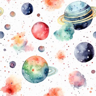 Gezegen uzayı gezegenler ve yıldızlarla kusursuz desen. Kozmik elementlerle tekrarlanan parlak doku. Çocukların kumaş ve ambalaj kağıtları için sevimli bir tasarım..