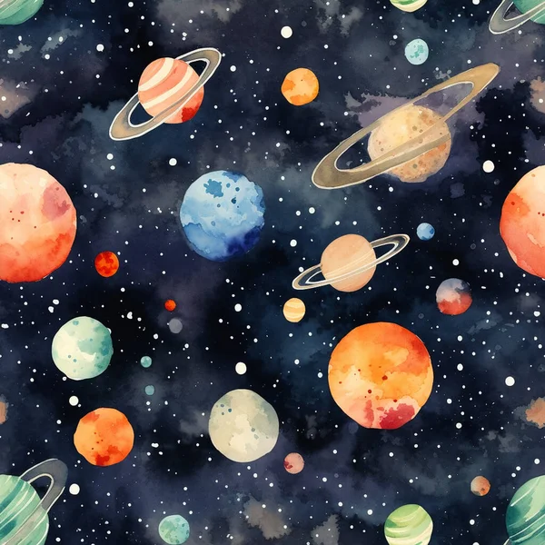 Planet space seamless pattern with planets and stars. Bright repeated texture with cosmic elements. Cute childish design for kids fabric and wrapping paper.