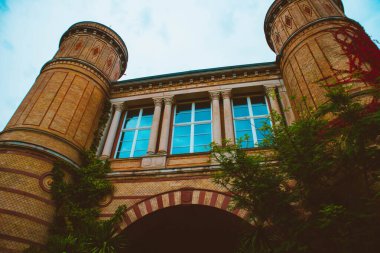 Mavi gökyüzü, yeşil bitkiler ve palmiyelerden oluşan güzel bir bina. Alman şehri Karlsruhe 'nin Botanik Bahçesi