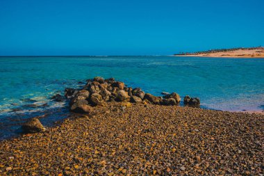 Deniz suyunda kayalar ve mercanlar. Mısır 'ın tatil manzarası