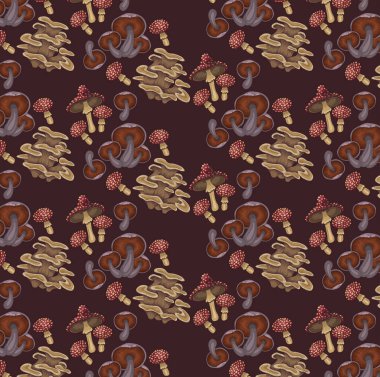 Mantarlar çizgi film ormanları, dikişsiz sonbahar deseni.