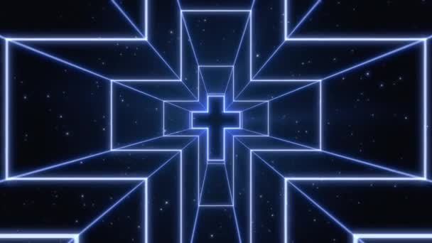 在飞行恒星的背景下 以发光的交叉形式环绕隧道的运动 3D渲染 — 图库视频影像