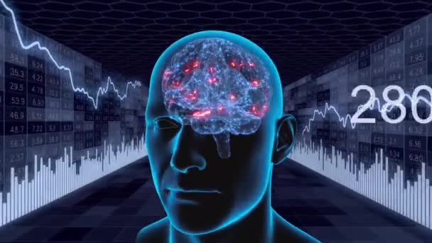 人間の思考プロセスのアニメーション 図や柱を背景に 脳皮質におけるヒトの頭部や目に見える赤のインパルスの回転をループさせた 3Dレンダリング — ストック動画