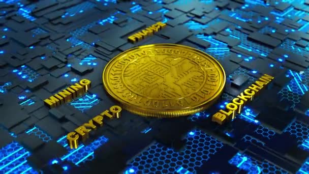 回路基板上の暗号通貨の金貨の概念的な構成 3Dレンダリング — ストック動画