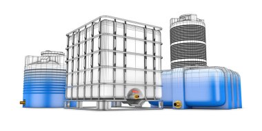Su deposu su farklı şekiller için metal ızgara ve Ccontainers. 3D render.