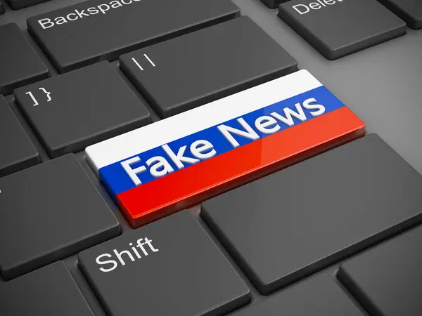 Knapp Tangentbordet Med Den Ryska Flaggan Och Inskriptionen Fake News Royaltyfria Stockbilder