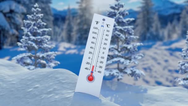 Термометр Снігу Впритул Показує Підвищення Температури Тлі Засніженого Лісу Гір — стокове відео