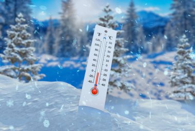 Thermometer in the snow close-up shows a decrease in temperature against the background of falling snow. Thermometer against the background of a snow-covered forest and mountains. 3D render. clipart