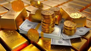 Banknotların ve altın külçelerin üzerine bir dolar işareti konan paralar. 3d hazırlayıcı