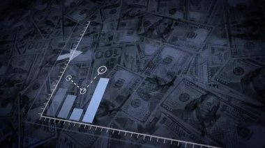 Bir okun ardından yükselen mavi bir histogramın canlandırması dolar banknotlarının arka planına karşı. 3B görüntüleme.