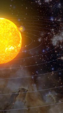 Güneş sisteminin tekrar eden animasyonu, güneşin etrafında dönen gezegenler, arkaplandan geçen kara delik. Dikey video. 3 boyutlu görüntüleme. Bu görüntünün elementleri NASA tarafından döşenmiştir..