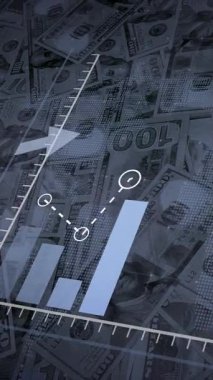 Bir okun ardından yükselen mavi bir histogramın canlandırması dolar banknotlarının arka planına karşı. Dikey video. 3B görüntüleme.