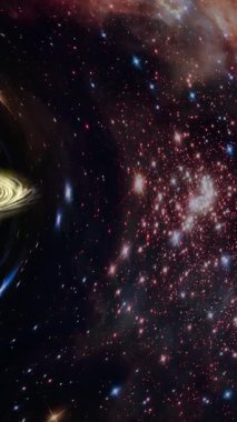 Kara delik yıldızların arka planına doğru hareket ediyor. Dikey video. 3 boyutlu görüntüleme. Bu görüntünün elementleri NASA tarafından döşenmiştir..