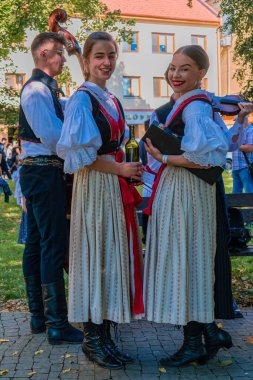 Uherske Hradiste, Çek Cumhuriyeti - 11 Eylül 2021 Uherske Hradiste 'de şarap festivali, şarap, halk dansları, gelenekler. Kültürel Etkinlikte Geleneksel Halk Dansçıları